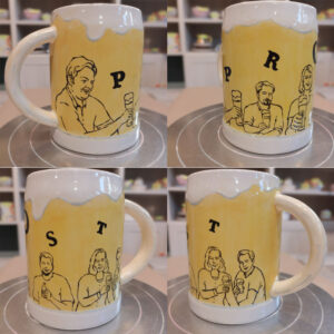 Bierkrug aus Keramik, bemalt mit Biergarten Motiven